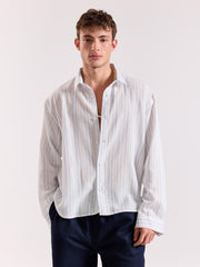 White & Blue Striped Linen Cropped Shirt